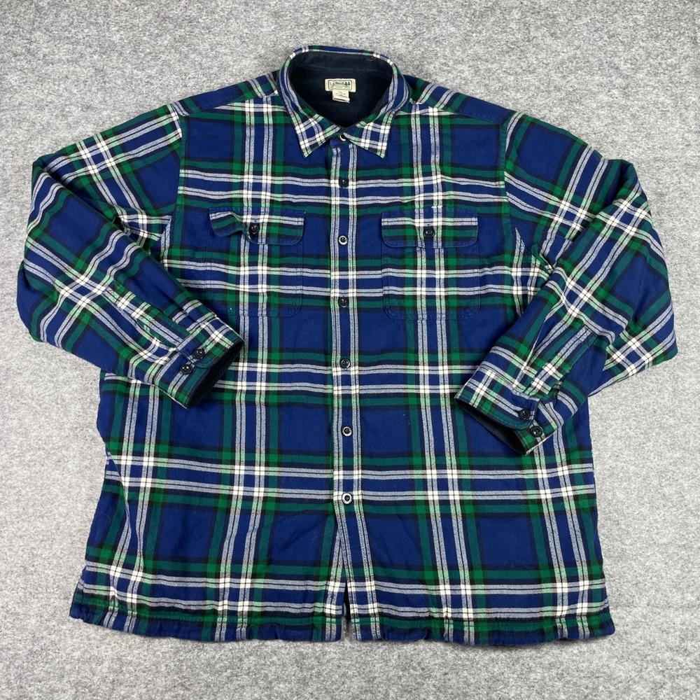 L.L. Bean Flannel Shirt Jacket Mens XL Blue Tartan Plaid Fleece Lined Shacket